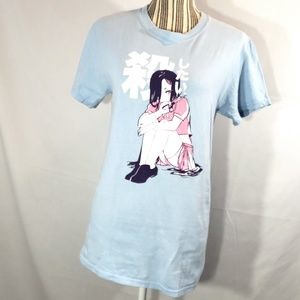 Gildan Blue Pink White Black Anime Sad Girl Cutting Hair Short Sleeve Tee Small